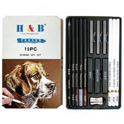 H&B15件绘画炭笔套装批发现货美术用品 白炭笔高光粉画笔铅笔